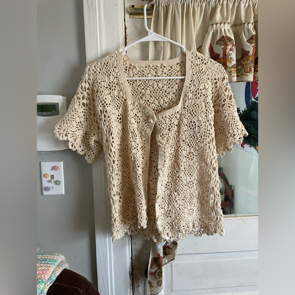 Crochet short sleeve button up cardigan